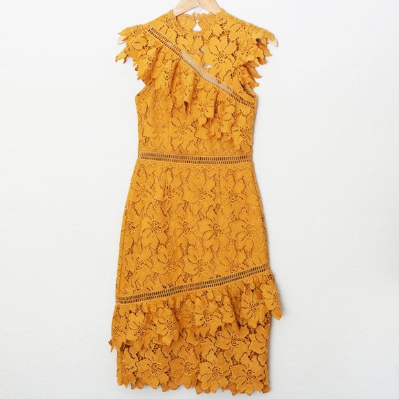 NEW SAYLOR Reine Mustard Yellow Sheath Midi Dress XS Lace Open Back Ruffle  $264 - Picture 15 of 15